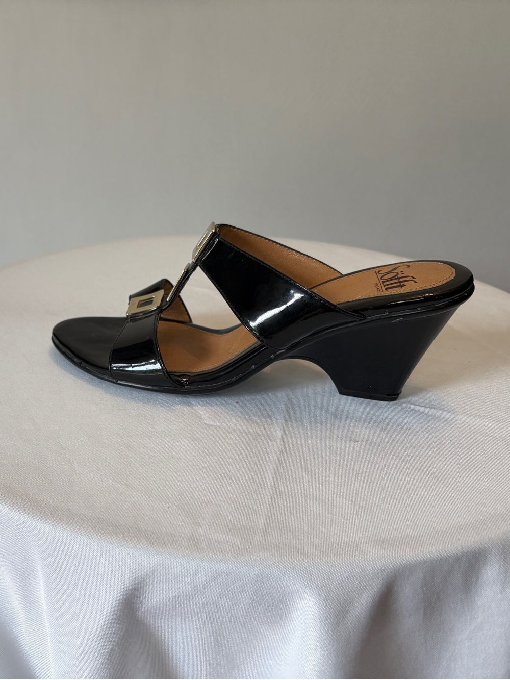 Sofft Black Patent Mid-Heel Slide with Buckle Accent